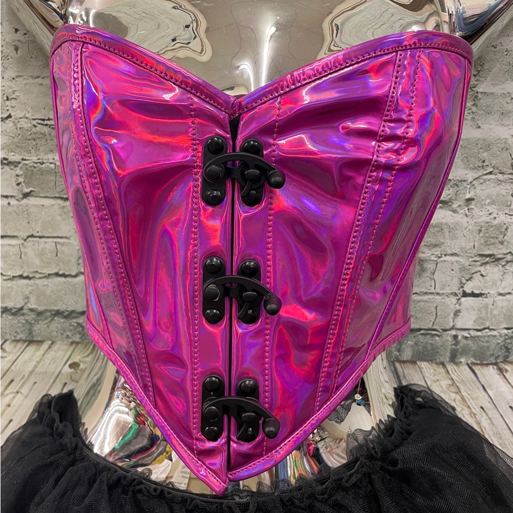 Fuchsia Holo Pink Corset bustier Daisy Corsets top drawer sz S NEW FESTIVAL